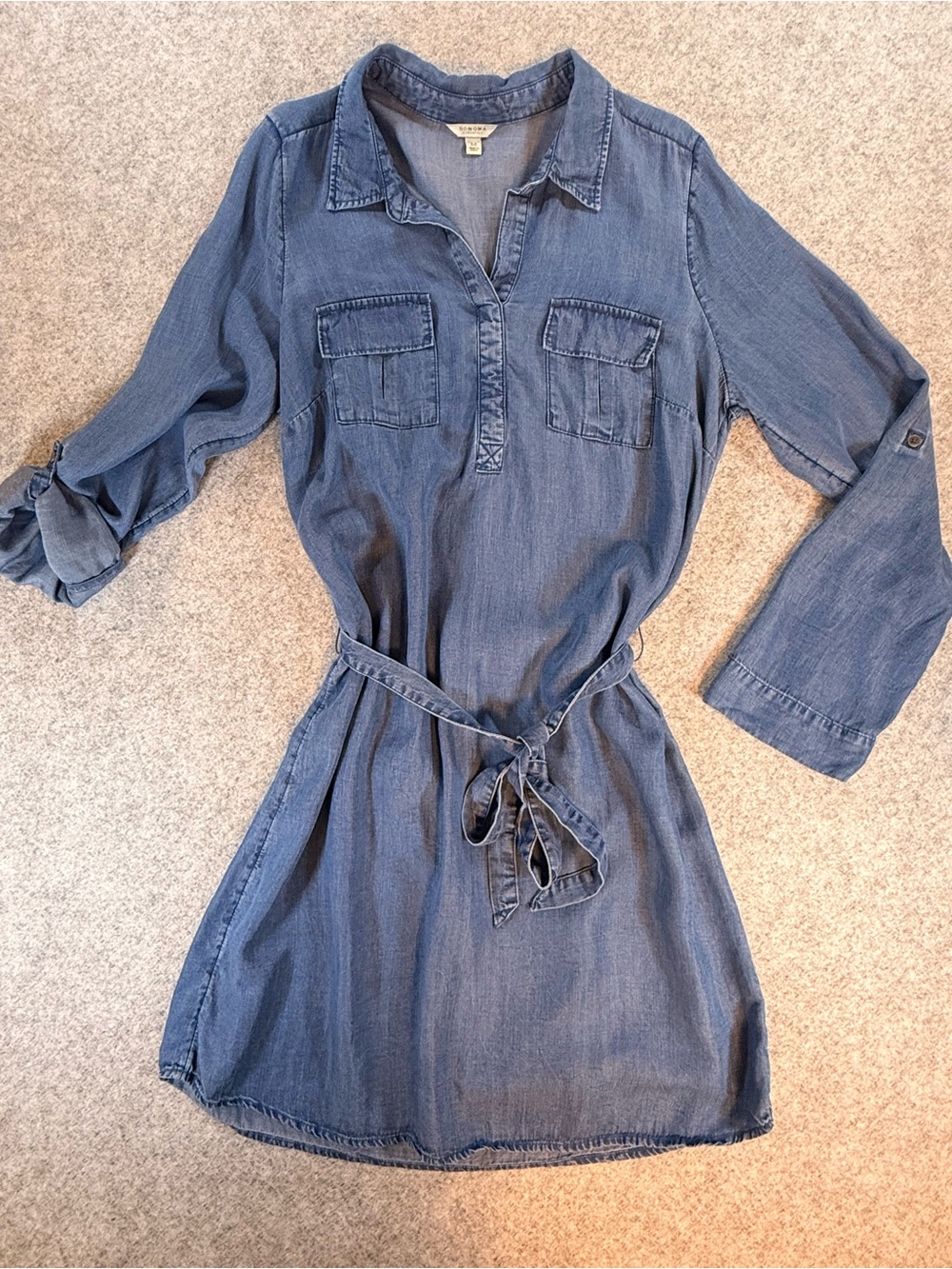 Sonoma Tencel Chambray Shirt Dress Belted Roll Tab Sleeve M